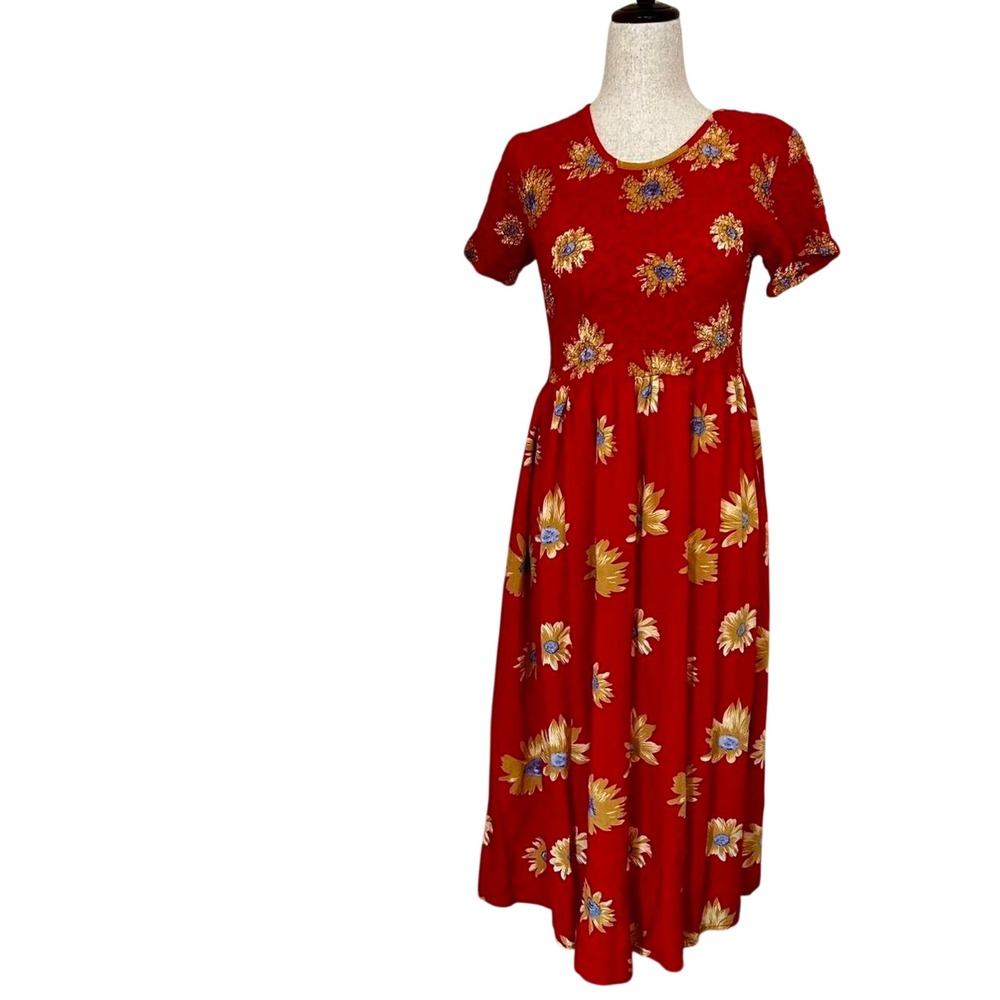 Petite Impressions Vintage Red Sunflower Floral Smocked Midi Dress Womens Medium
